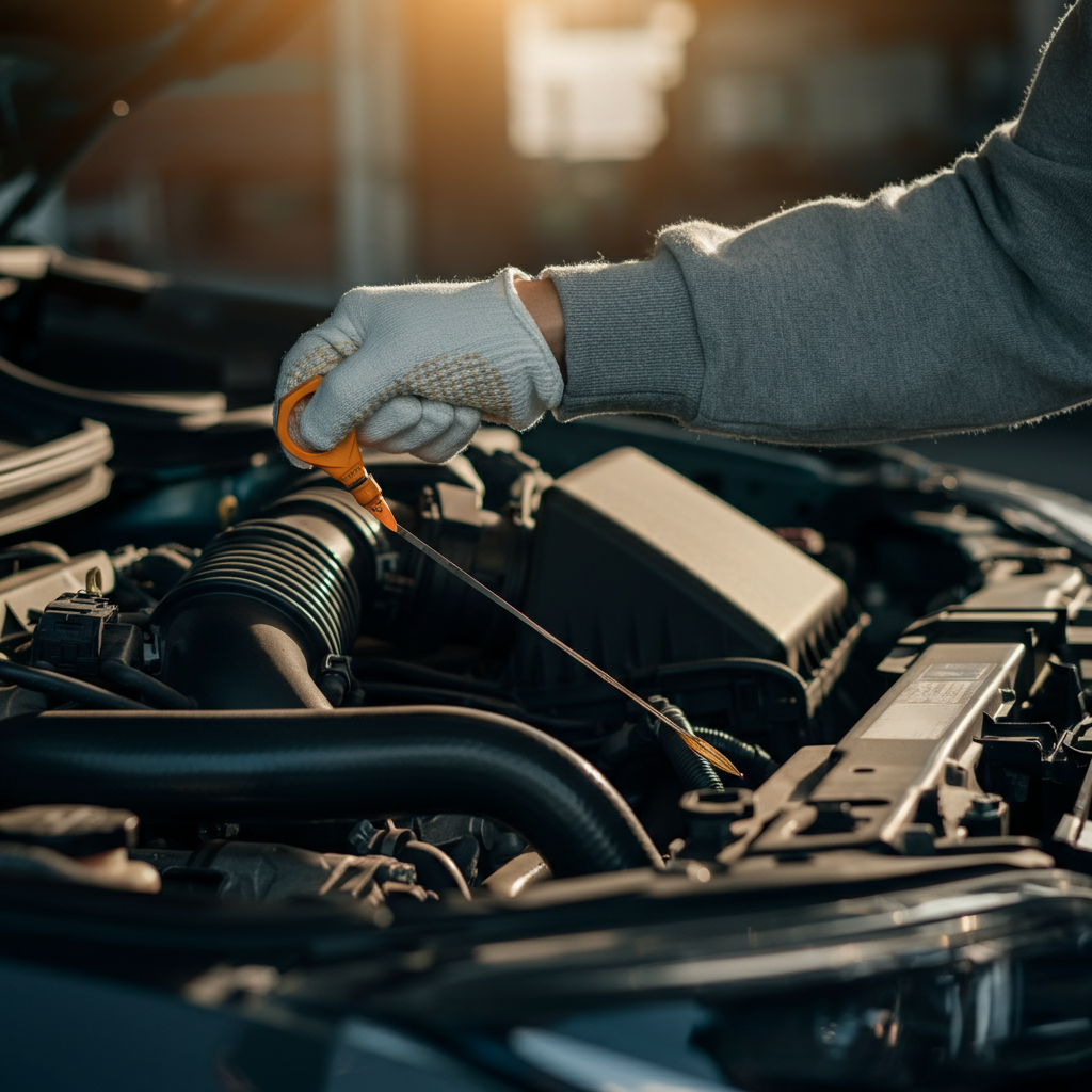 A person wearing clean nitrile gloves is using a dipstick to check the engine oil level in a car. The engine bay is relatively clean, and the light is focused on the dipstick and the engine oil cap. Textures of the metal and plastic components are emphasized.