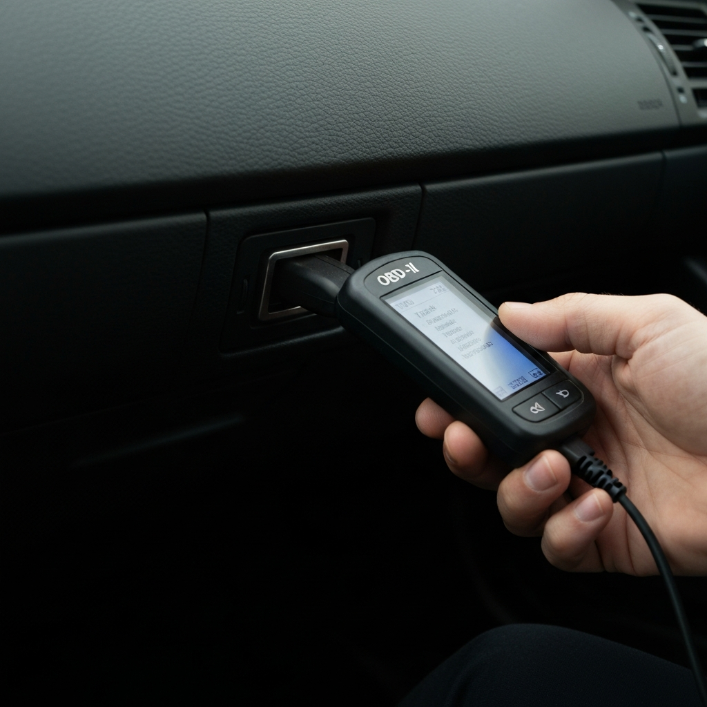 A hand holding an OBD-II scanner plugged into the diagnostic port beneath a car's dashboard. Soft focus on the background. The screen of the scanner is displaying a trouble code. The lighting is neutral and emphasizes the texture of the dashboard materials.