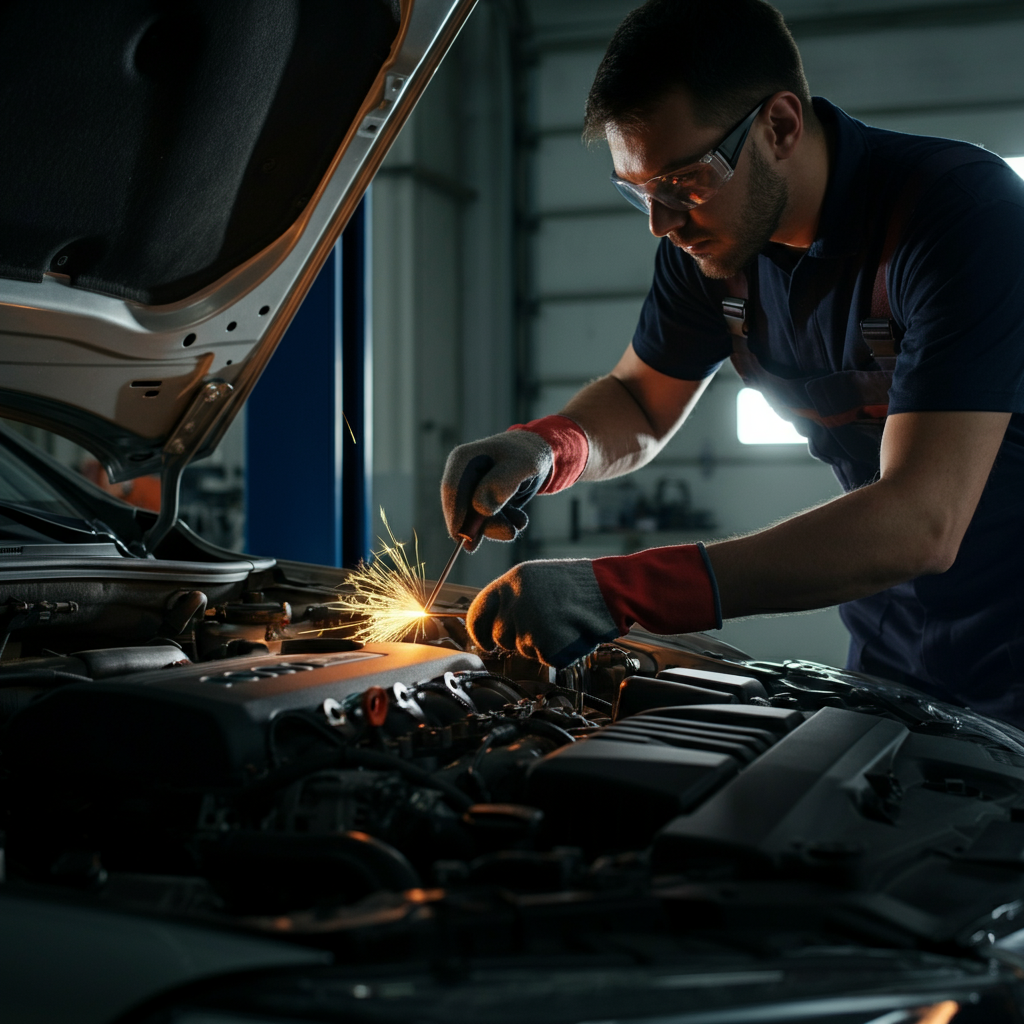 A mechanic, wearing safety glasses and insulated gloves, is performing a spark test on a car engine in a dimly lit garage. The focus is on the spark jumping between the screwdriver and the engine block. A dramatic lighting effect highlights the spark.