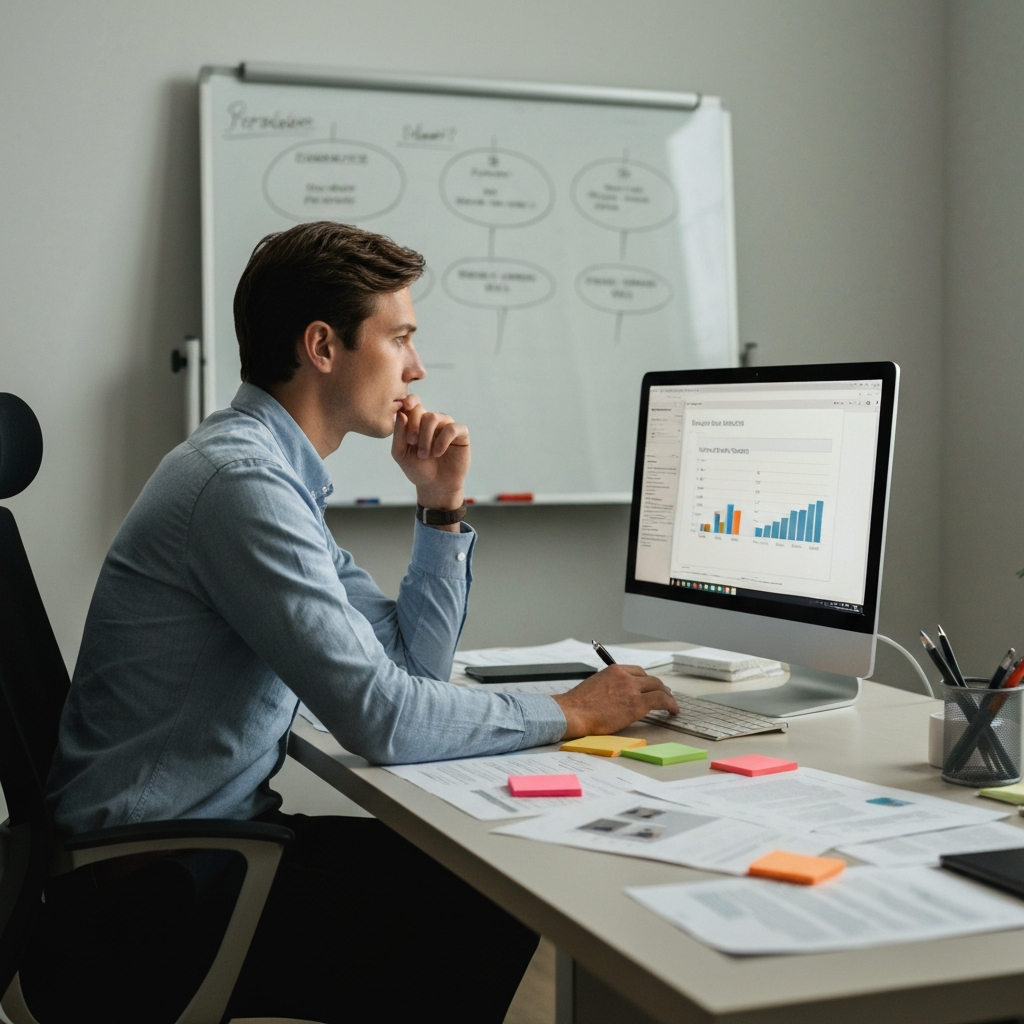 A brightly lit office space. A content creator, wearing a button-down shirt, sits at a desk covered in research papers and sticky notes. They're thoughtfully looking at a computer screen displaying survey results. Soft focus on a whiteboard in the background filled with audience personas.