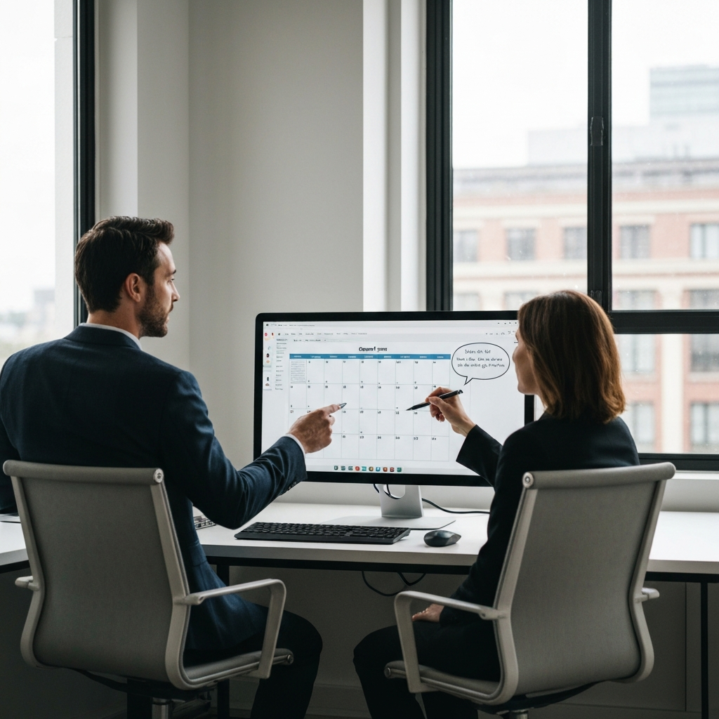 A collaborative workspace. Two individuals in professional attire are brainstorming in front of a large monitor displaying a content calendar. One is pointing at the screen with a pen. Natural light filters through a large window.