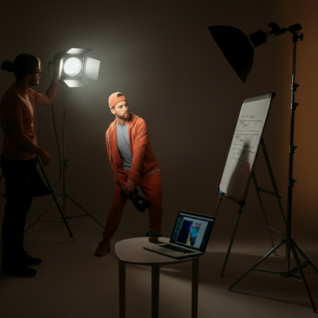 A well-organized studio. A professional photographer adjusts the lighting on a set where a graphic designer is working on a laptop. A whiteboard displays different content formats.