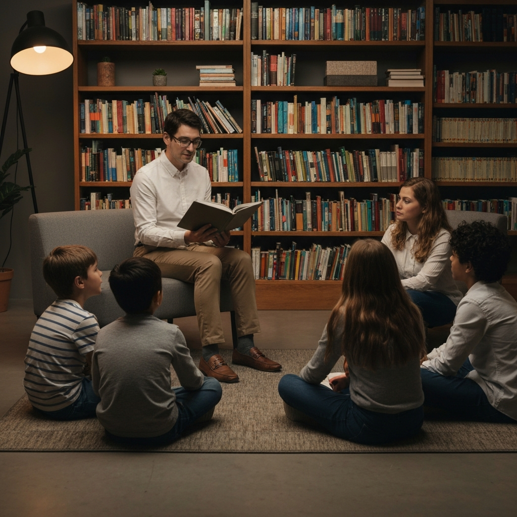 A cozy library setting. A teacher is reading aloud from a book to a small group of students sitting on a rug. Soft, warm lighting enhances the intimate atmosphere.