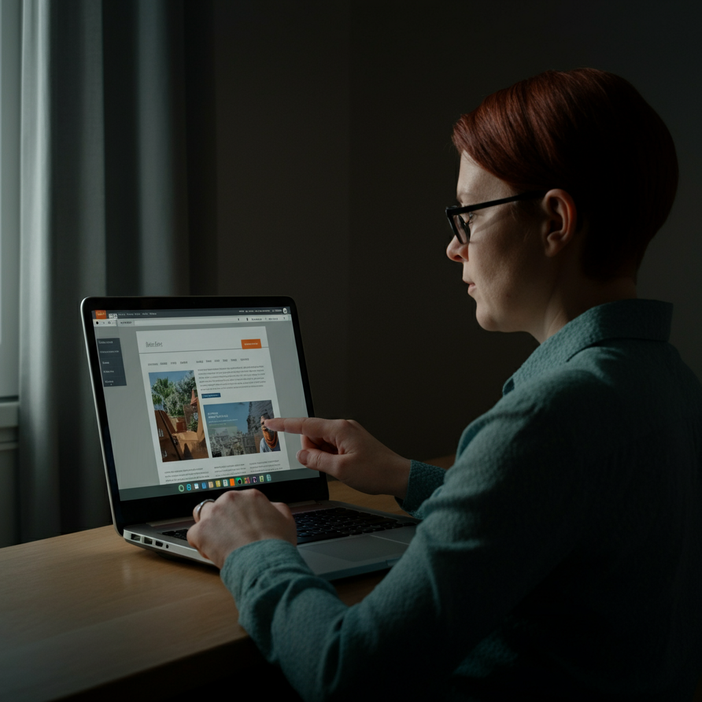 A person with glasses using a screen reader on a laptop. The laptop displays a website with clear headings and subheadings. The room is well-lit with natural light from a window.