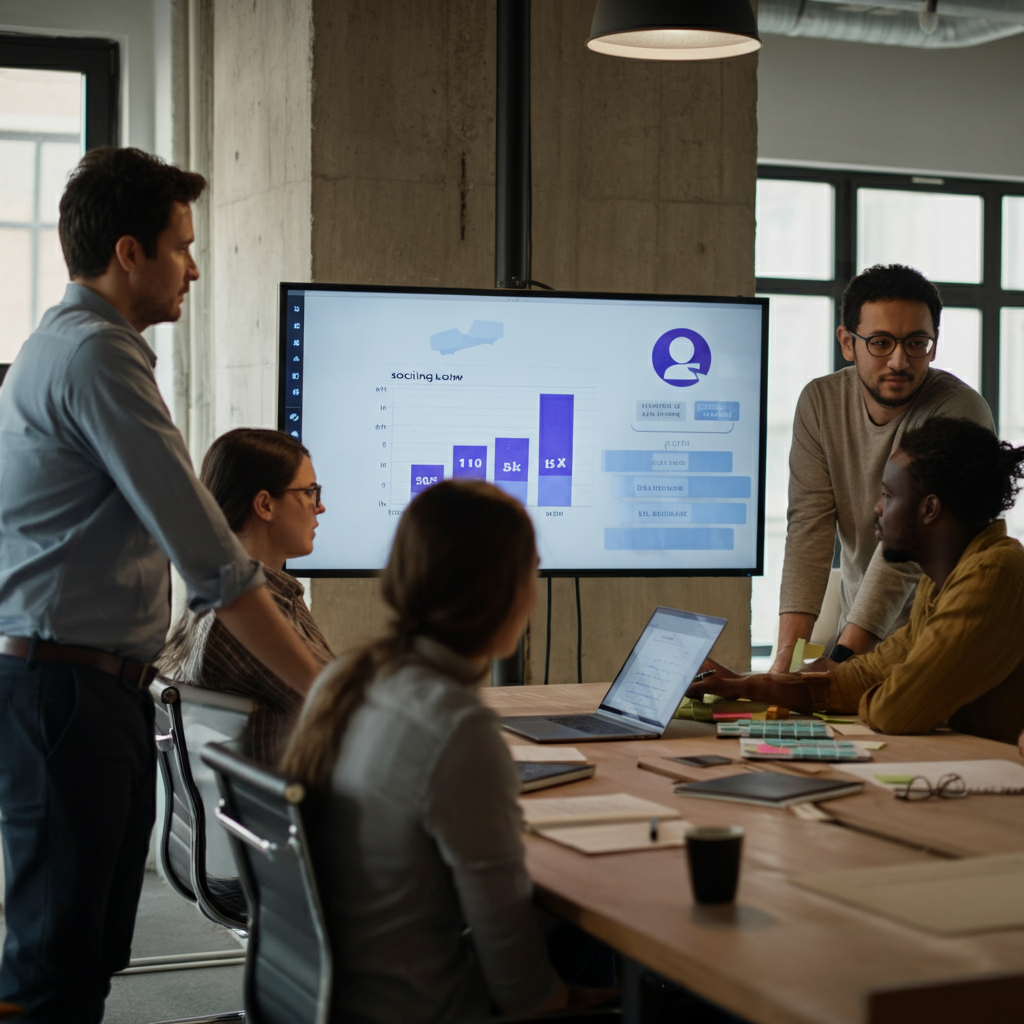A marketing team meeting in a modern office. Team members are collaborating around a table, discussing social media analytics on a large display screen. Bright, professional lighting.