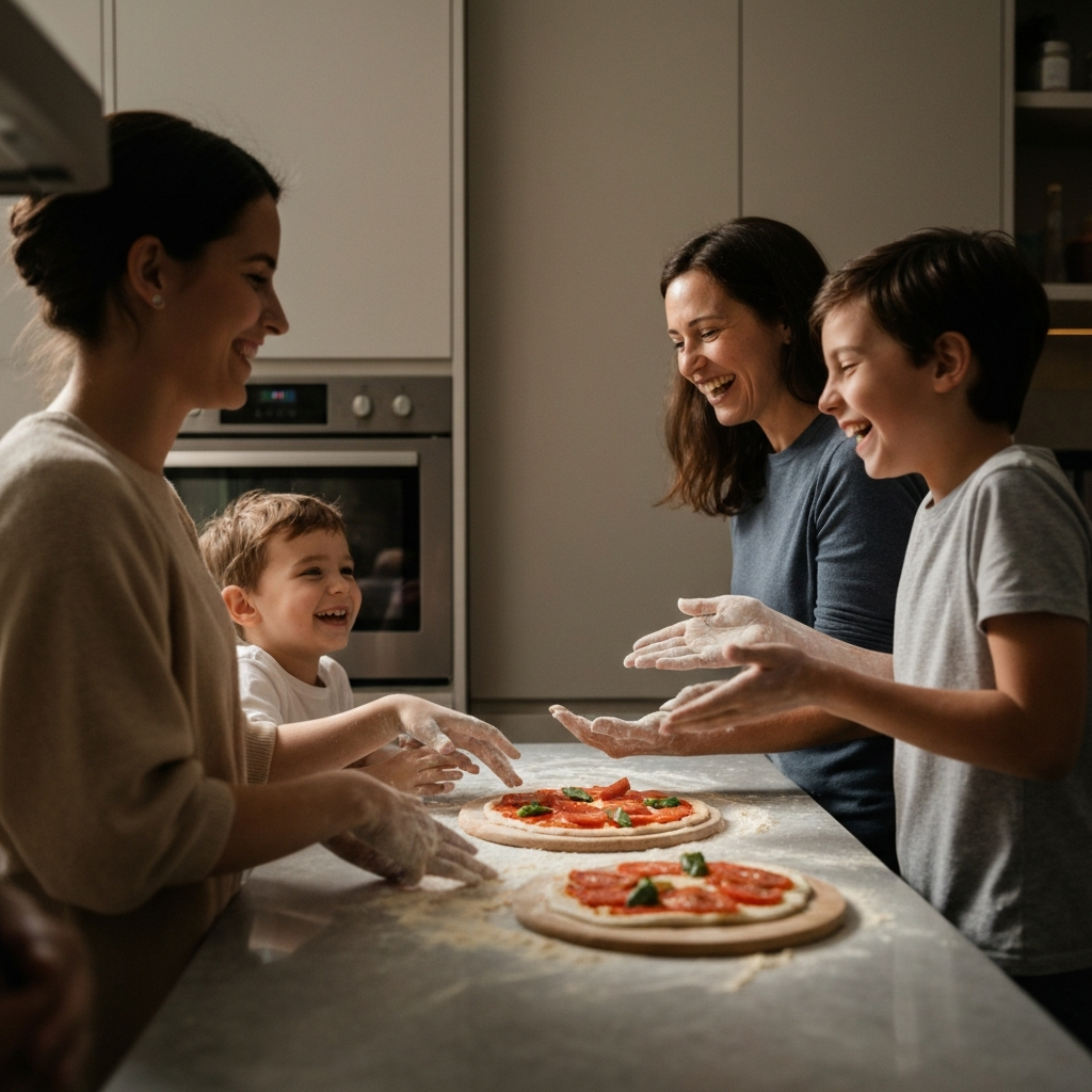 A warmly lit kitchen with a family of four, hands flour-dusted, laughing while making homemade pizza. Soft bokeh on the background appliances. The scene is shot from a slightly low angle to emphasize the height of the kids.