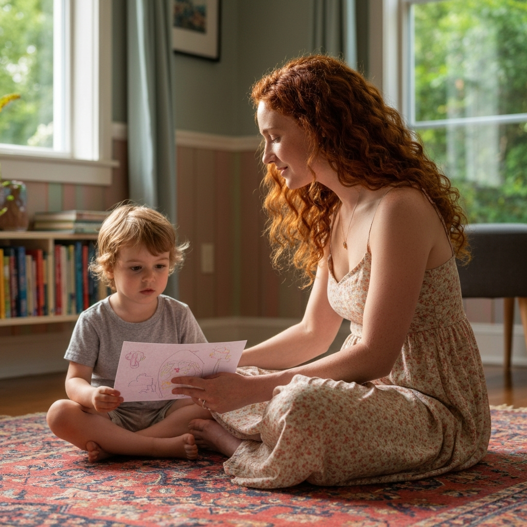 A parent sitting at eye level with a child on a rug, engaged in a conversation. The child holds a drawing. Soft natural light filters through a nearby window, highlighting the texture of the rug. A bookshelf is visible in the out-of-focus background.
