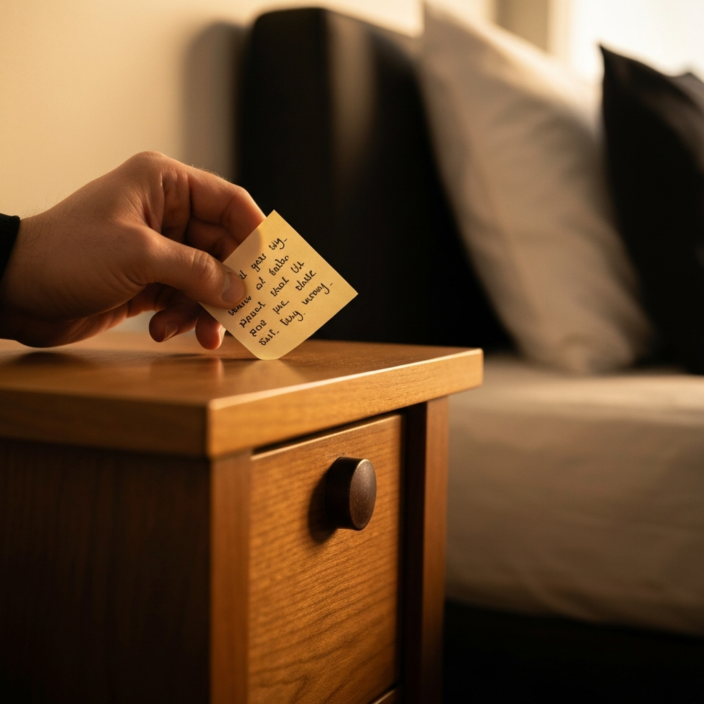 A close-up shot of a hand placing a handwritten note on a bedside table. The note is slightly out of focus to emphasize the texture of the wood grain. Warm, indirect lighting creates a cozy atmosphere.