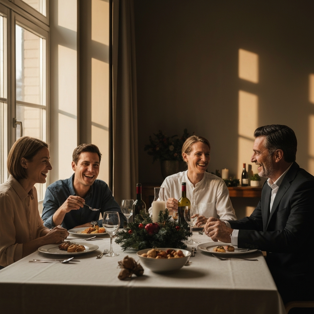 A family gathered around a dining table, laughing and talking during a holiday meal. Golden hour lighting streams through a window, casting long shadows and highlighting the textures of the food and tablecloth. A centerpiece adds a festive touch.