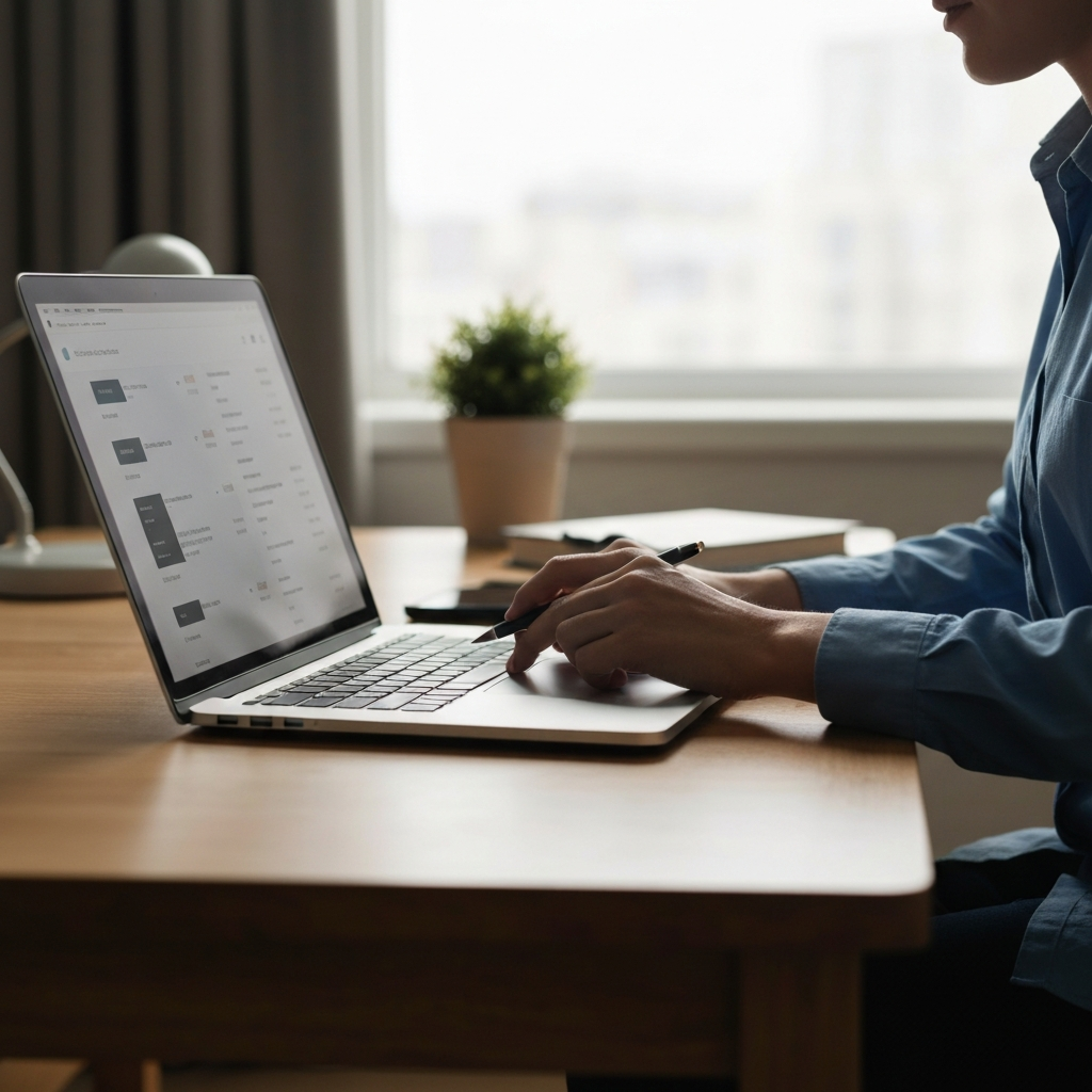 A person sitting at a wooden desk, illuminated by soft, natural light from a nearby window. They are entering data into a budgeting app on their laptop. The scene features a close-up on their hands and the laptop screen, with a blurred background of a home office.