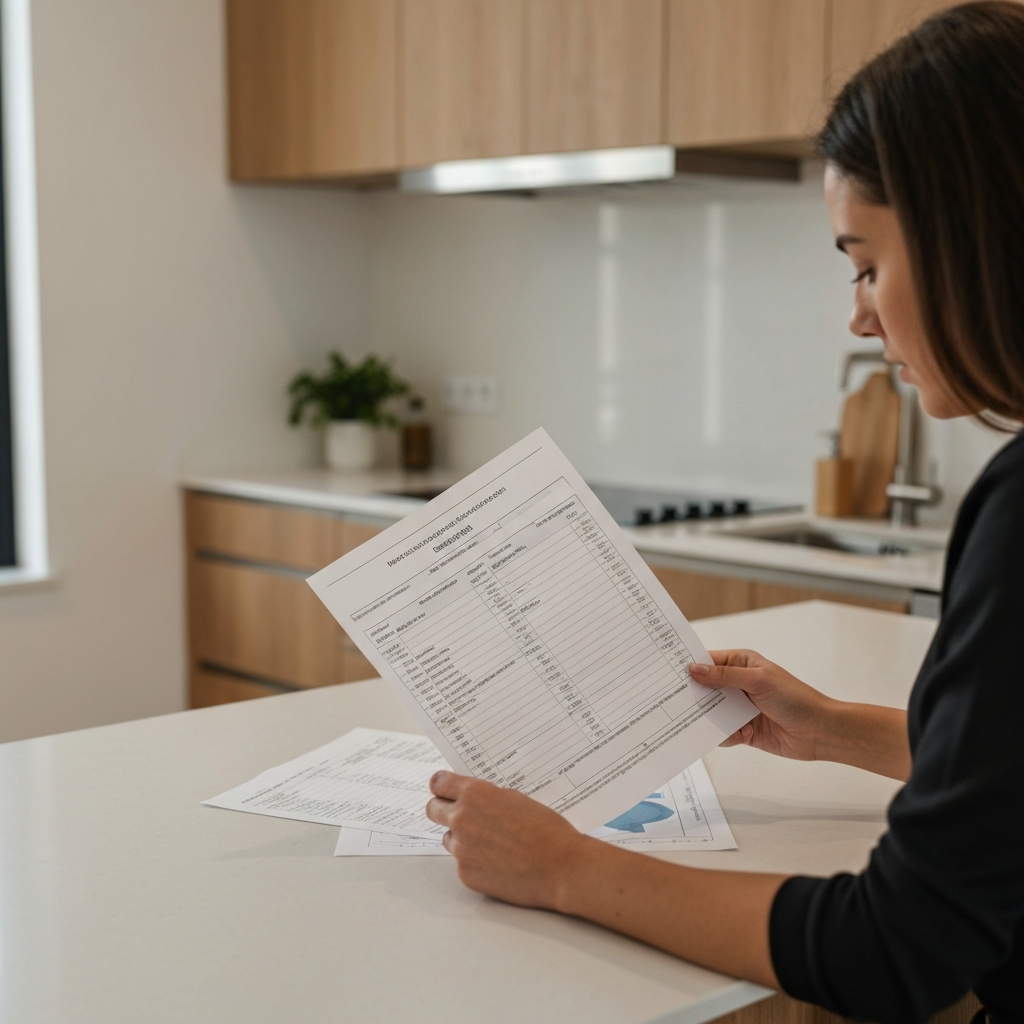 A brightly lit kitchen with a young woman reviewing a printed budget sheet on her kitchen island. The sheet contains neatly arranged rows and columns, displaying financial data. Focus on the texture of the paper and the organized layout of the budget.