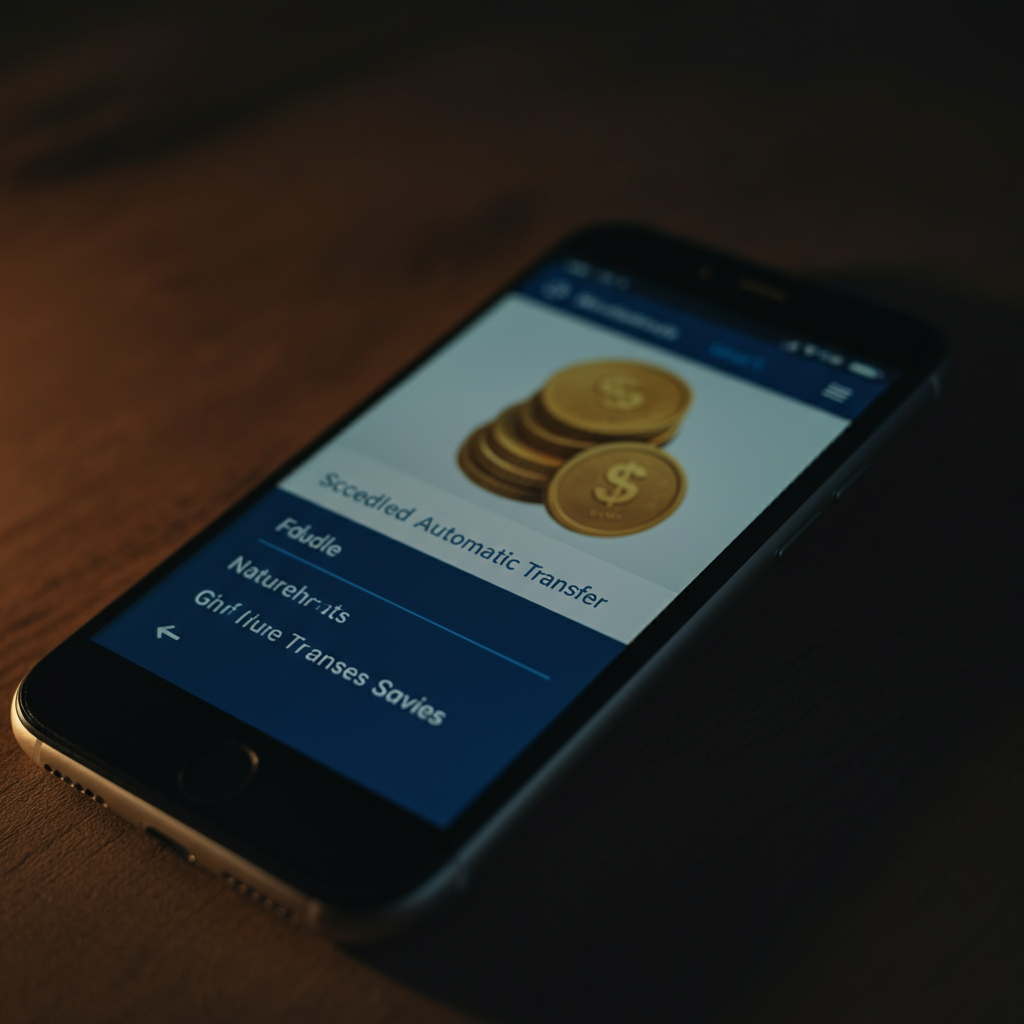 A close-up of a smartphone screen displaying a banking app. A scheduled automatic transfer of funds from a checking account to a savings account is highlighted. Soft focus on the background, suggesting a modern home environment.