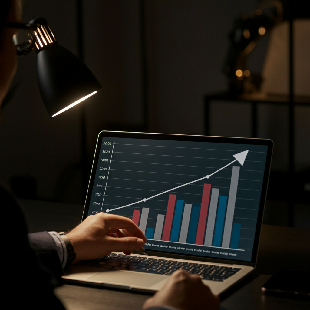 A person sitting at a desk, looking at a graph showing debt reduction over time. The graph is visually appealing and uses clear lines and colors to illustrate the progress. Soft, ambient lighting illuminates the scene.