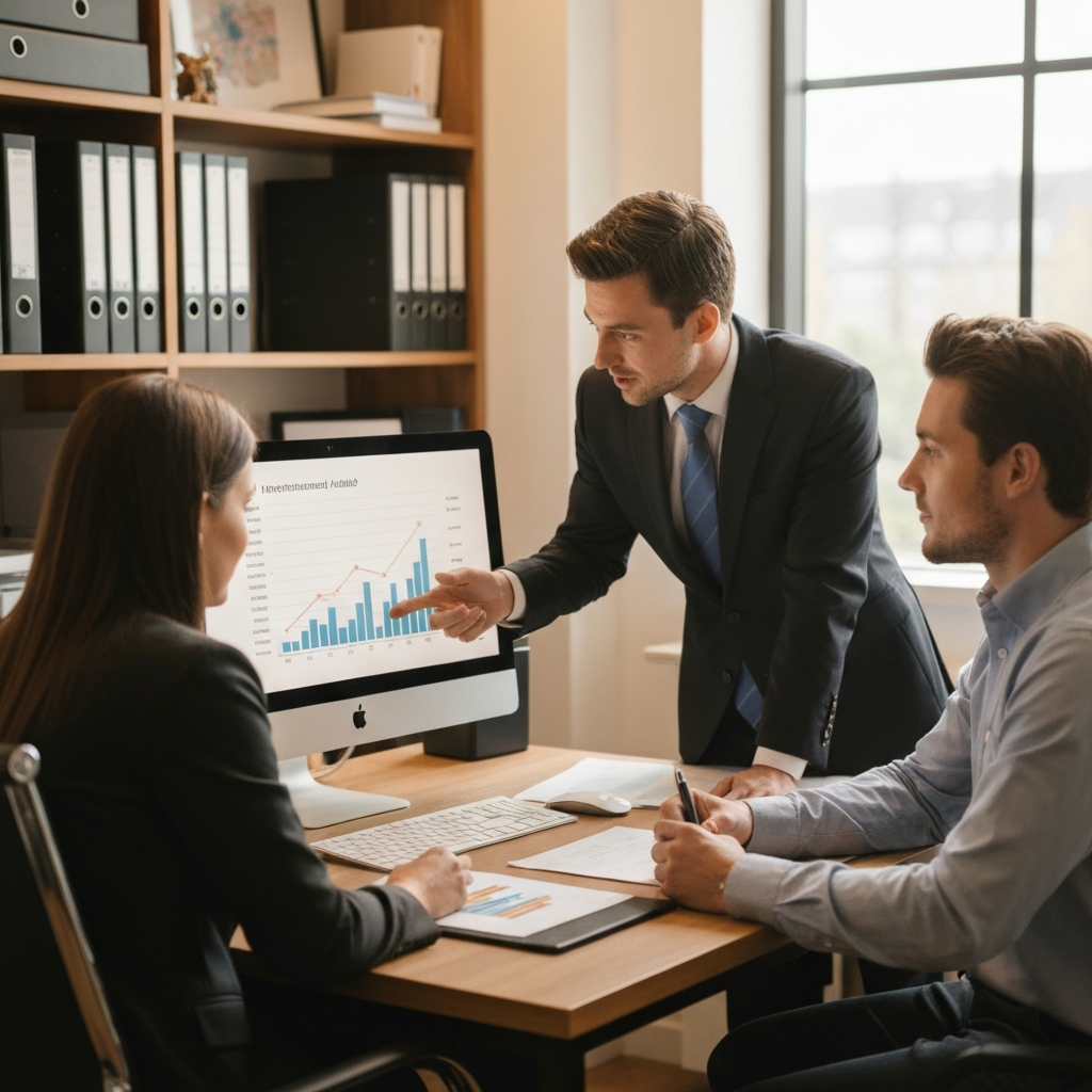 A well-organized office with a financial advisor explaining investment options to a young couple. The advisor is pointing to a chart on a computer screen that illustrates investment growth. The scene is warmly lit and conveys a sense of trust and professionalism.