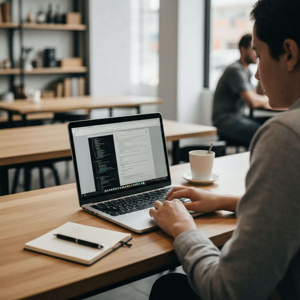 A person working on a laptop from a coffee shop, with a notebook and pen nearby. The scene is brightly lit and shows a bustling but focused environment. The laptop screen displays code or a design project, suggesting side hustle activities.