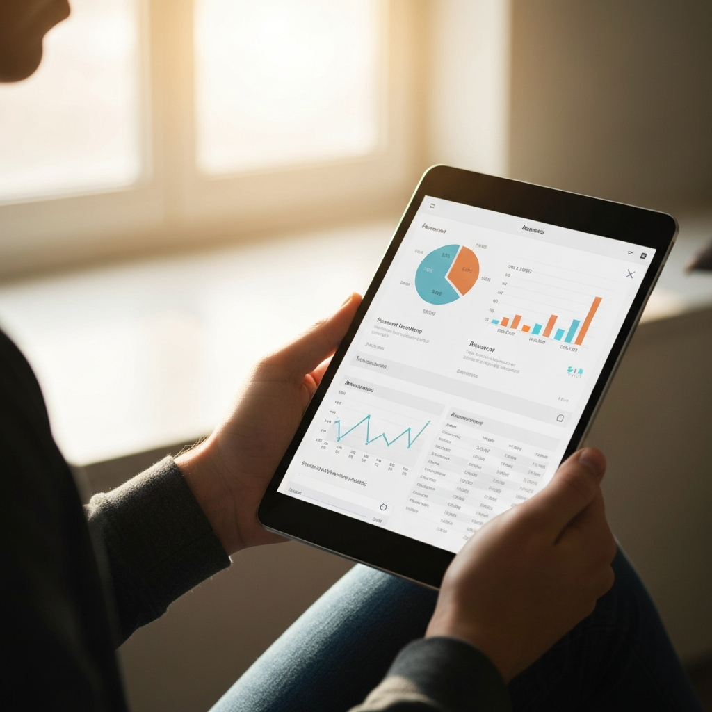 A person holding a tablet, reviewing financial data on a brightly lit screen. The screen shows charts, graphs, and account summaries, displaying a clear and organized overview of their finances. Soft, natural light from a window illuminates the scene.