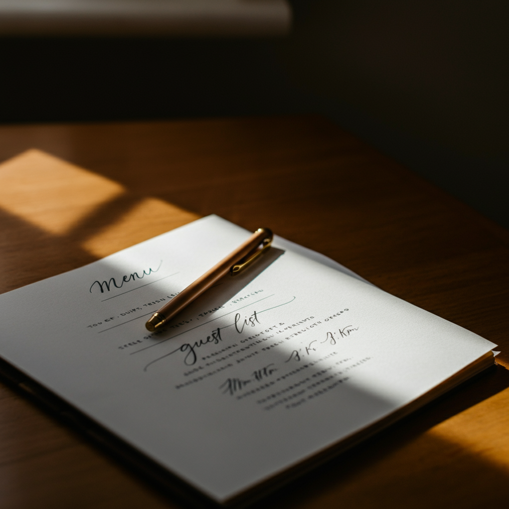 A close-up shot of a handwritten guest list and menu scrawled in a stylish notebook, resting on a wooden kitchen table. Natural light streams in from a nearby window, highlighting the textures of the paper and wood.
