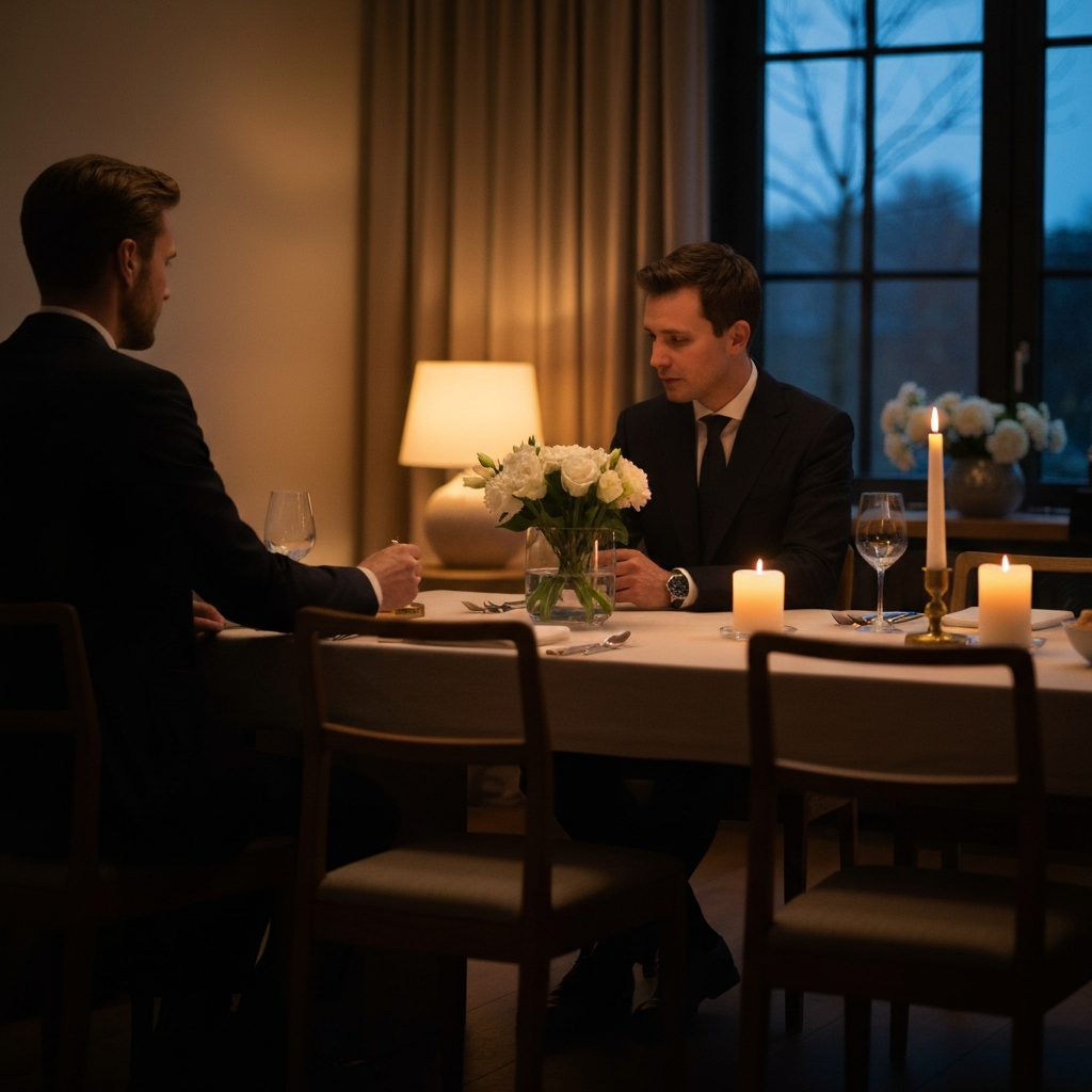 A warmly lit dining room at twilight. Soft focus on a partially set table with flickering candles and a vase of white flowers. A warm, inviting glow emanates from a lamp in the background.