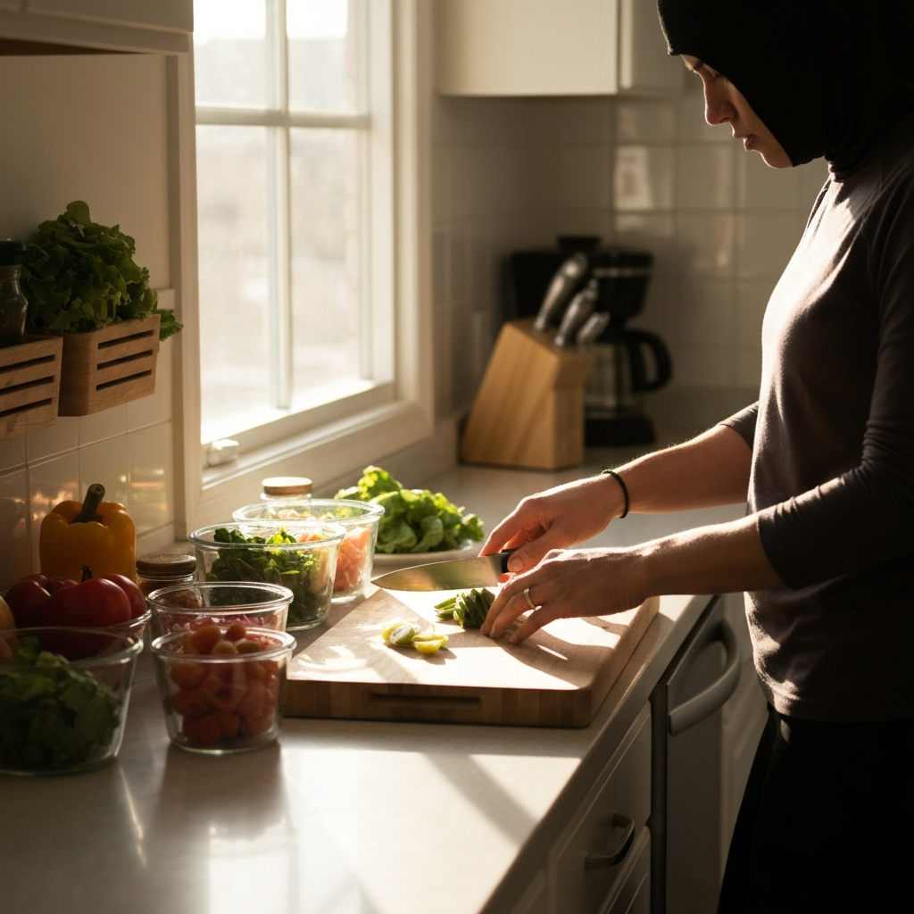 A bright, organized kitchen. A person is seen chopping vegetables on a wooden cutting board, with prepped ingredients neatly arranged in glass containers. Sunlight streams through the window, illuminating the fresh produce.
