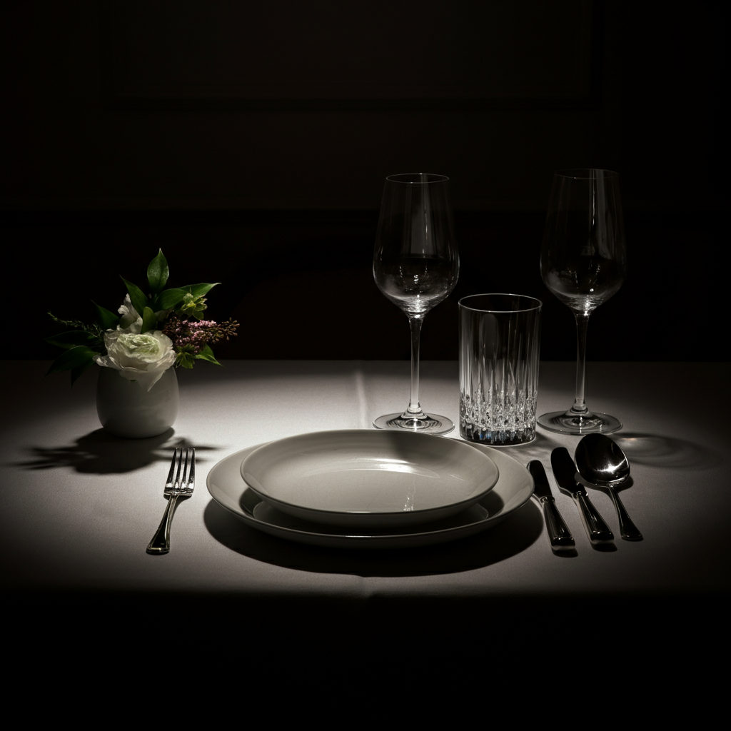 A beautifully set table featuring white linens, simple ceramic plates, polished silverware, and crystal glassware. A small floral arrangement sits in the center, casting a soft shadow on the table.