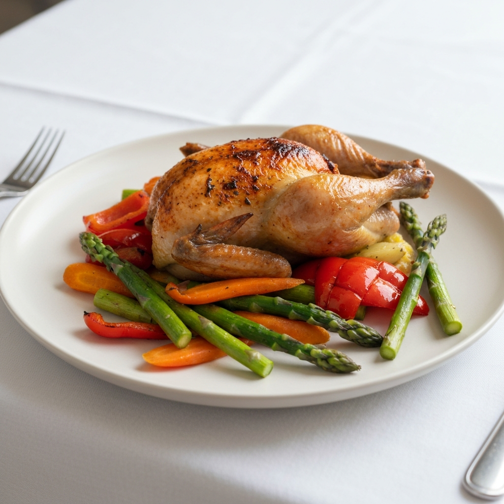 A beautifully plated main course, featuring roasted chicken and colorful vegetables. Side-lit to emphasize textures and colors. The plate rests on a crisp white tablecloth.