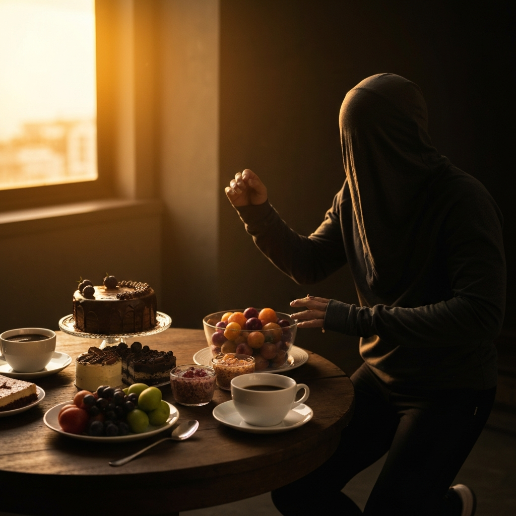 A dessert table with a variety of treats, including a chocolate cake, fresh fruit, and coffee cups. Warm, ambient lighting creates a cozy and inviting atmosphere.