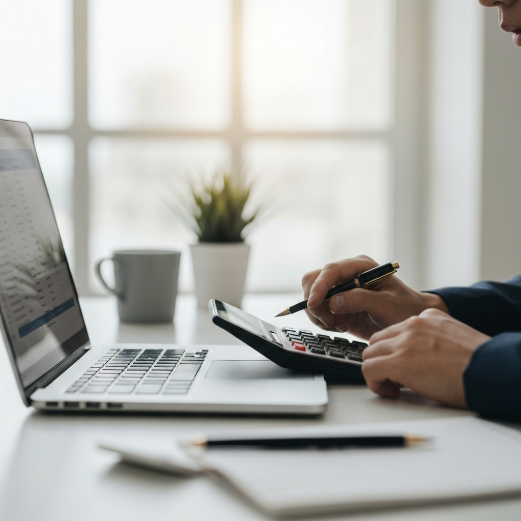 Close-up shot of hands using a calculator and a budget spreadsheet on a laptop screen, with natural light coming through a window and illuminating the focused expression on the person's face.