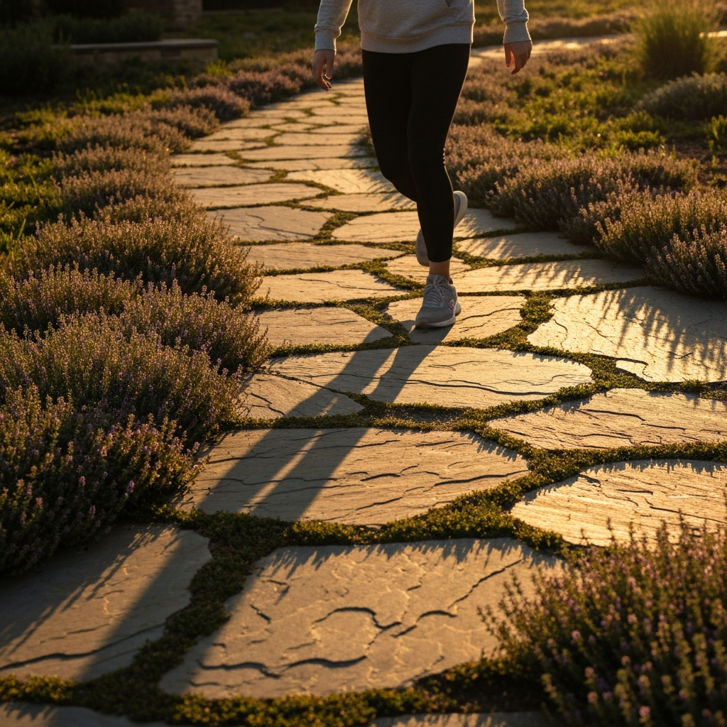 A ground-level shot of a winding pathway made of irregularly shaped flagstones, interspersed with creeping thyme. Golden hour lighting casting long shadows and highlighting the textured surface of the stones.