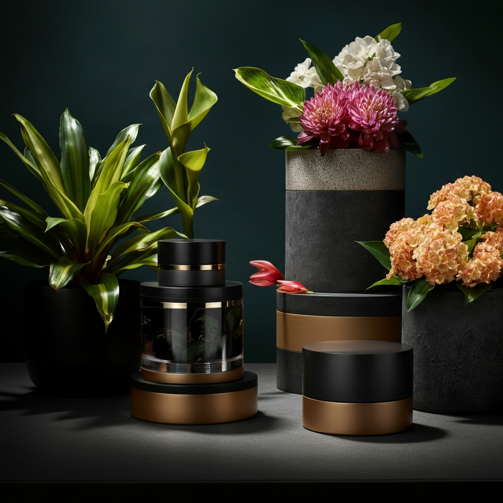 A well-manicured garden bed filled with a variety of tropical plants in full bloom. Soft, diffused sunlight filtering through the leaves, creating a dappled effect on the ground.