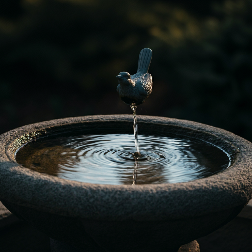 A close-up shot of a small, stone birdbath with water gently overflowing. The surface of the water reflects the sky, creating a serene and tranquil atmosphere.