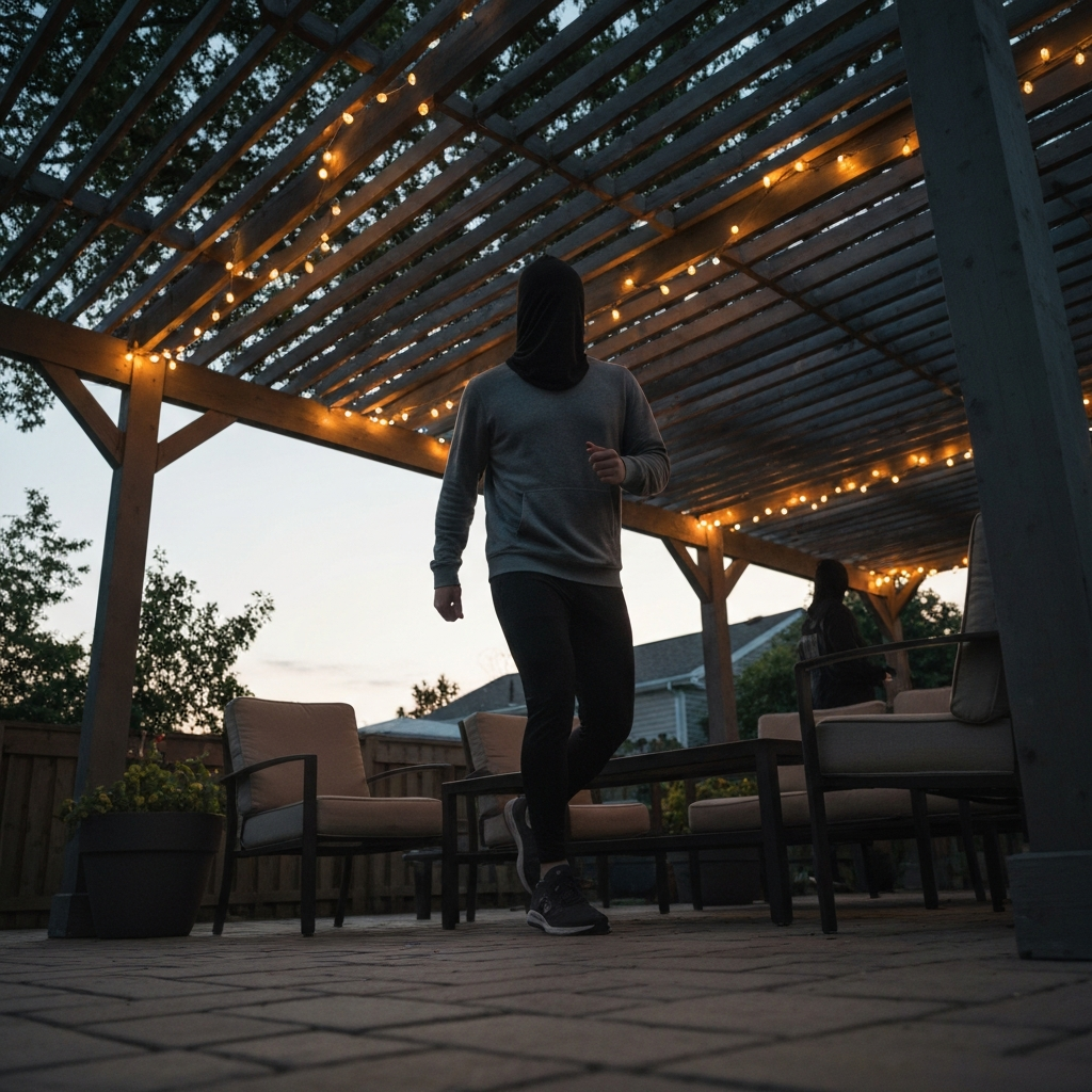 A backyard patio illuminated with soft, warm string lights. The lights are draped across a pergola, casting a gentle glow on the surrounding furniture and plants. Low-angle view, accentuating the depth of the space.