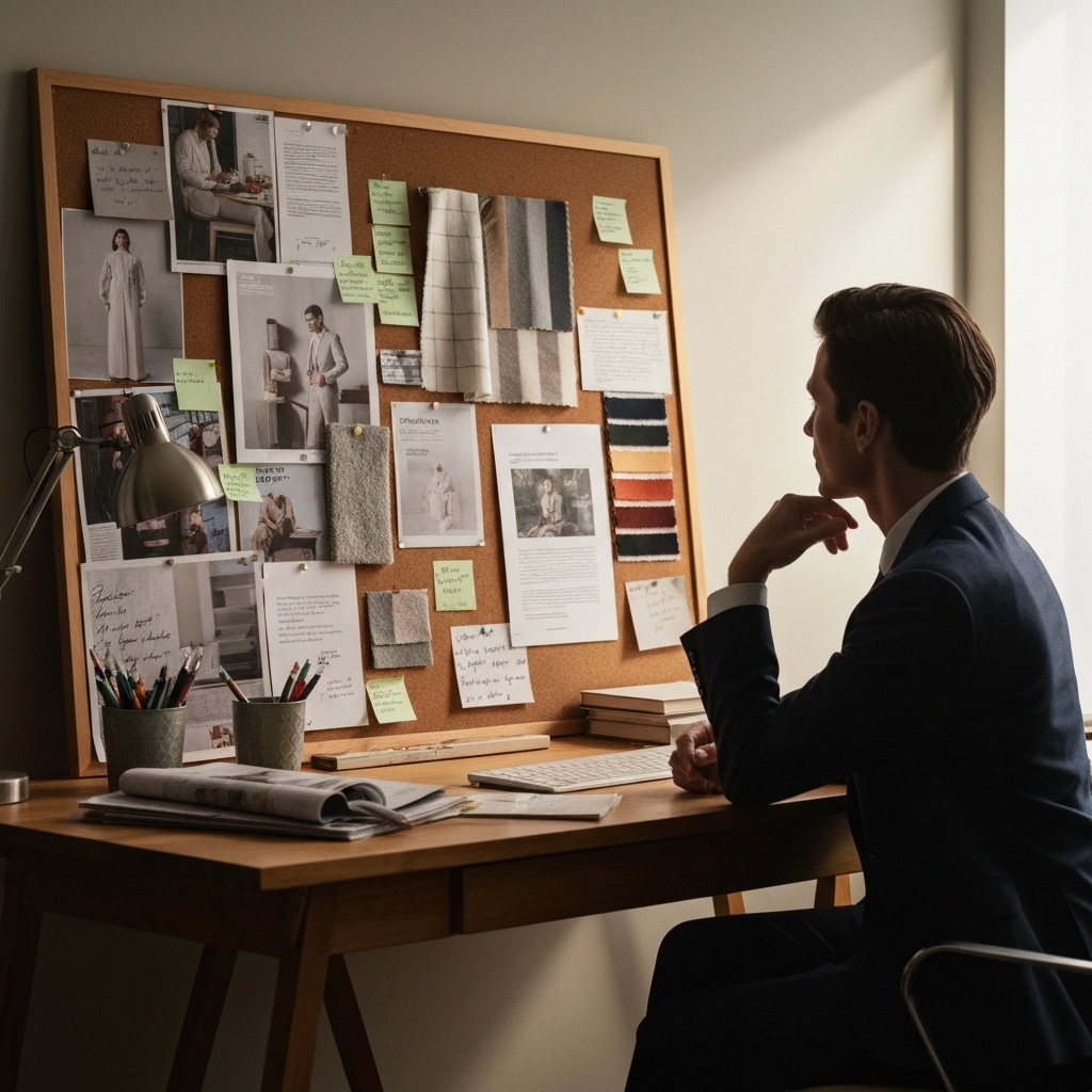 A well-lit desk with a corkboard covered in magazine clippings, fabric swatches, and handwritten notes. A person sits at the desk, thoughtfully looking at the board, a soft, diffused light illuminates the scene.