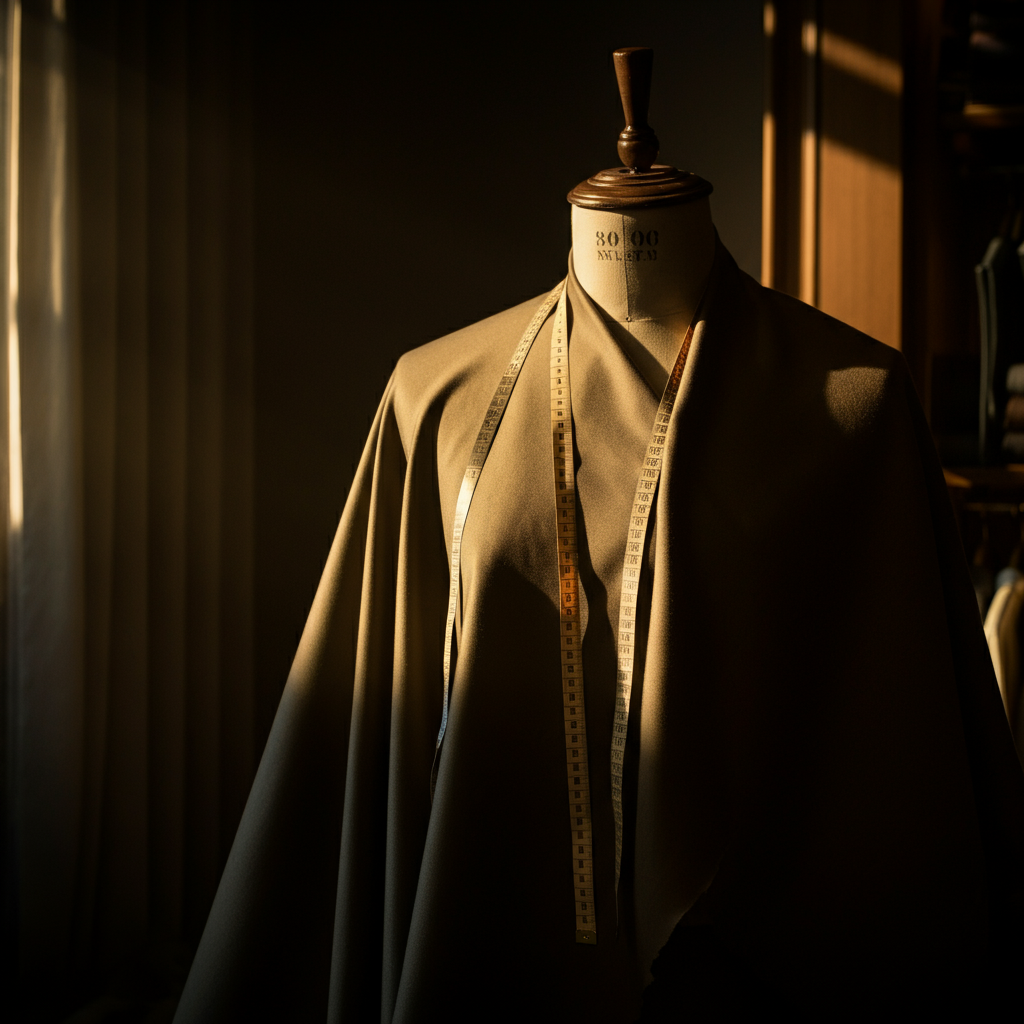 A tailor's shop with a mannequin draped in fabric. Soft golden light streams through a window, highlighting the texture of the fabric and the measuring tape hanging around the mannequin's neck. The background is slightly blurred with soft bokeh.