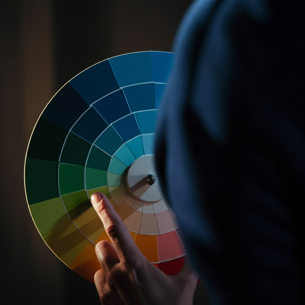 A color wheel with various shades and hues. Soft, even lighting illuminates the wheel, highlighting the subtle differences between the colors. A hand reaches out to touch a specific shade of blue.