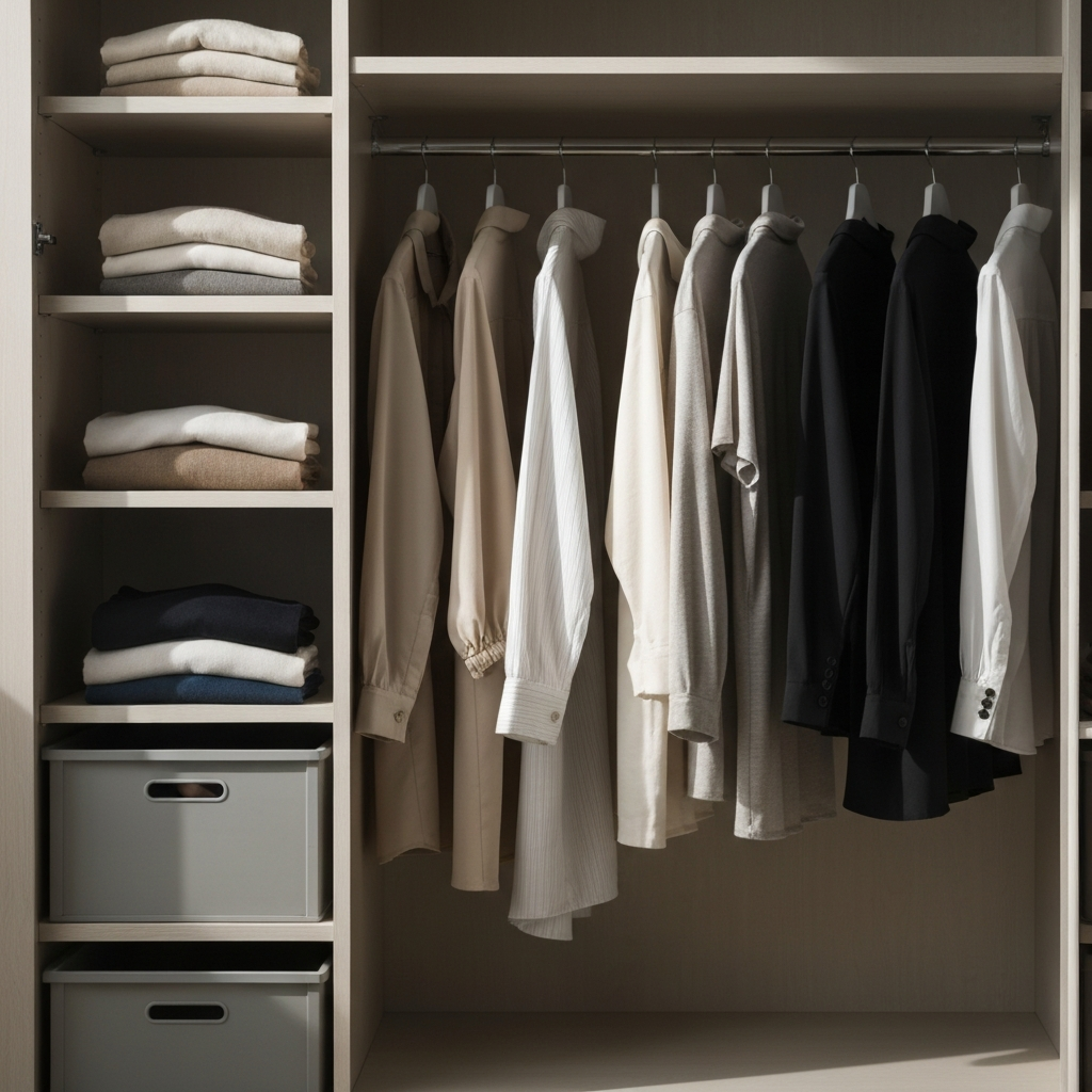 A minimalist wardrobe with neatly folded clothes and hanging garments in neutral colors. Soft, natural light illuminates the closet, creating a clean and organized feel.
