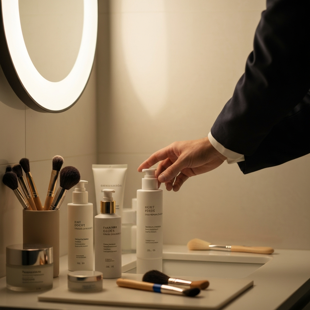 A bathroom vanity with neatly arranged skincare products and grooming tools. Soft, warm light illuminates the scene, highlighting the textures of the bottles and brushes. A hand reaches for a bottle of moisturizer.