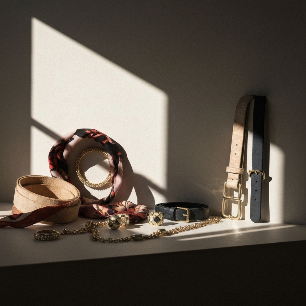 A close-up shot of a collection of accessories, including jewelry, scarves, and belts. Soft side-lighting creates interesting shadows and highlights the textures of the different materials.