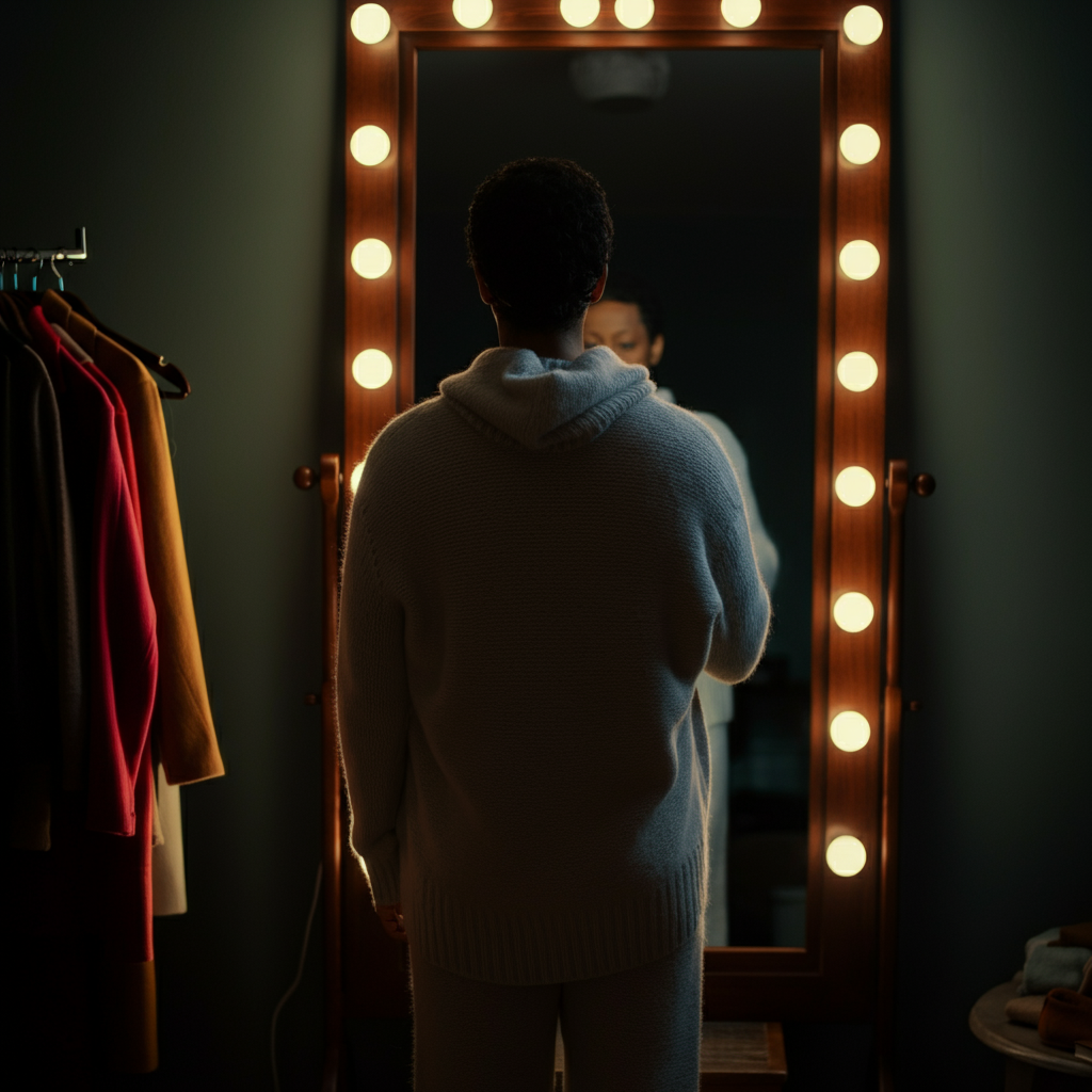 A person standing in front of a mirror, trying on different outfits. Soft, flattering light illuminates the person, creating a relaxed and confident atmosphere.