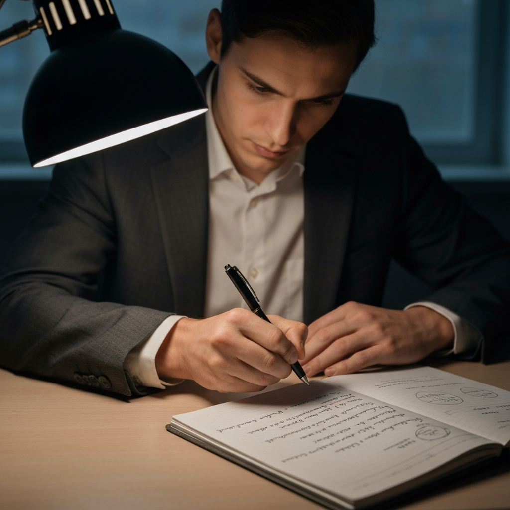A person sitting at a desk, brow furrowed in concentration, using a pen to underline key phrases in a document. Soft overhead lighting illuminates the desk. A textured notepad lies open, partially filled with notes and diagrams.