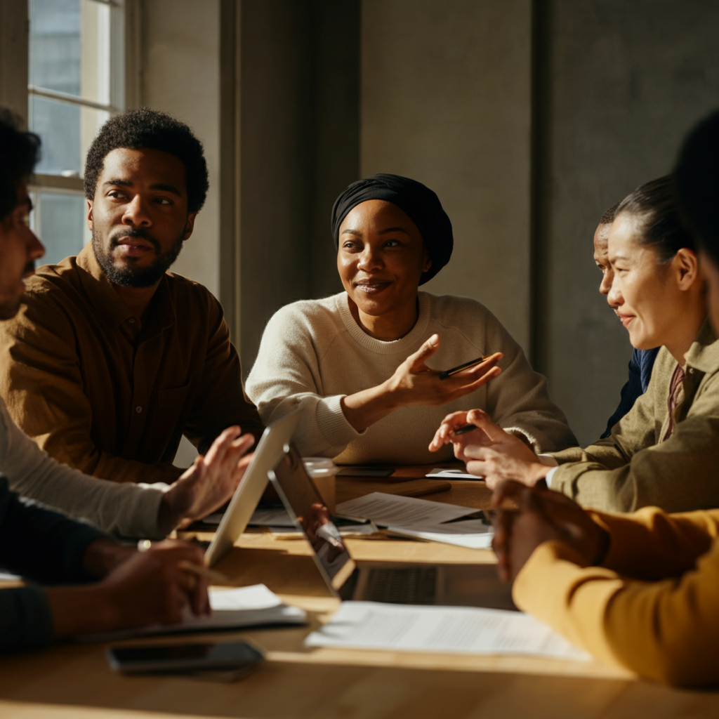 A diverse group of people sitting around a conference table, engaged in a lively discussion. Natural light streams through a large window, casting warm shadows on the table. The focus is on their hands gesturing and facial expressions showing active listening.