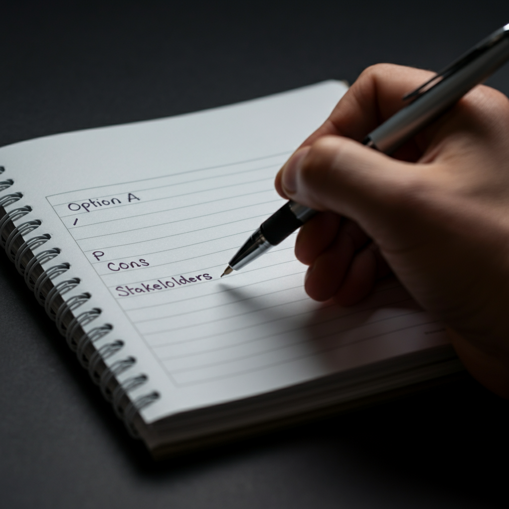 A close-up shot of a hand writing in a notebook. The notebook has a page divided into columns labeled "Option A," "Pros," "Cons," and "Stakeholders." The handwriting is neat and deliberate. The paper has a slightly textured surface.