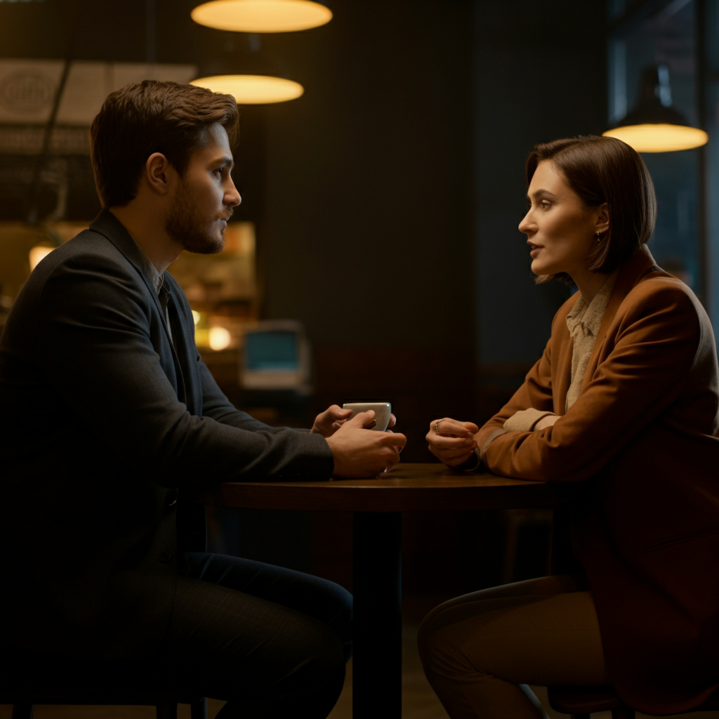 Two people sitting across from each other at a coffee shop table. One person is leaning forward attentively, listening to the other person who is speaking with a thoughtful expression. Soft, warm lighting with a shallow depth of field.