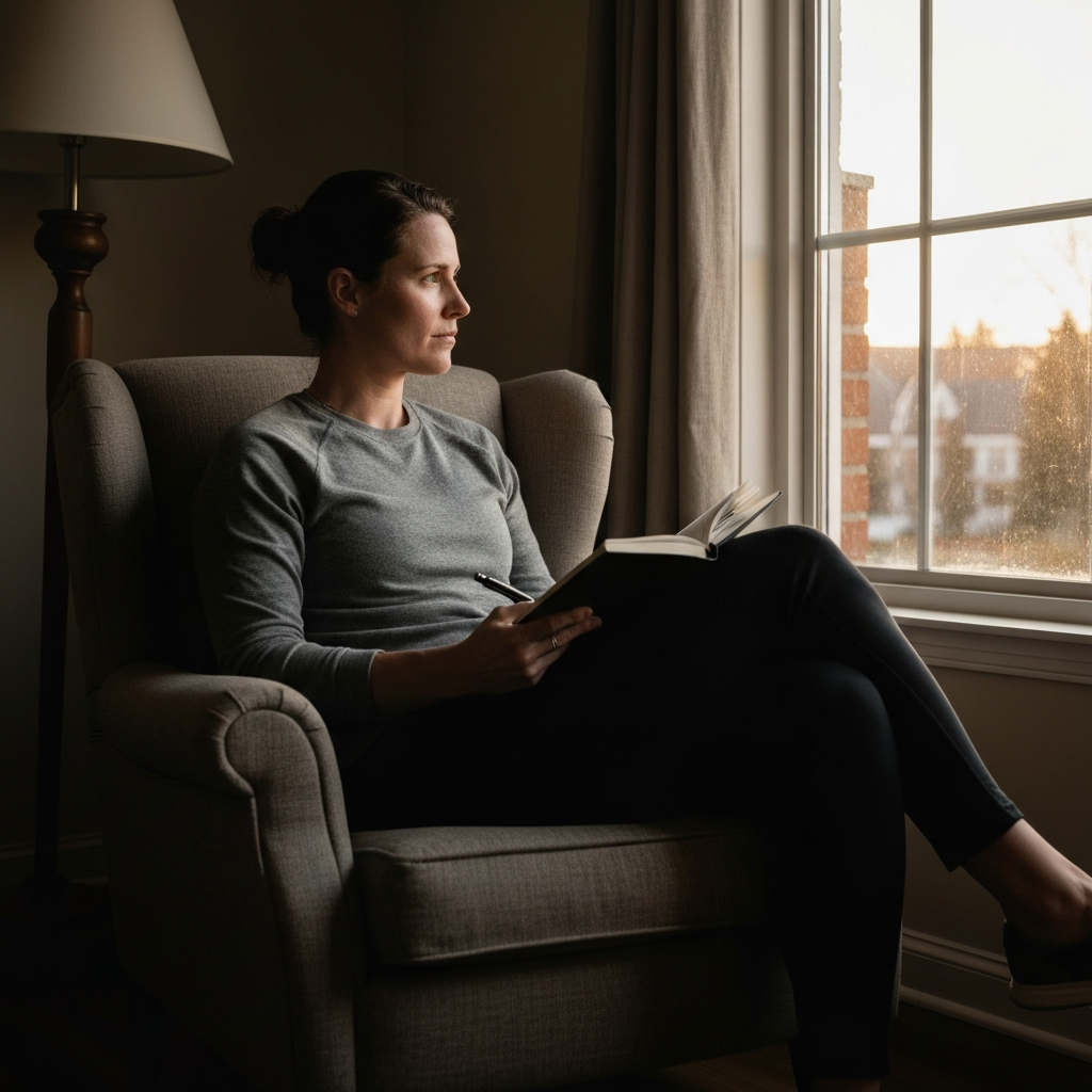A person sitting in a comfortable armchair, holding a journal and pen. They are looking out of a window with a pensive expression. Soft, natural light fills the room, creating a cozy and contemplative atmosphere.