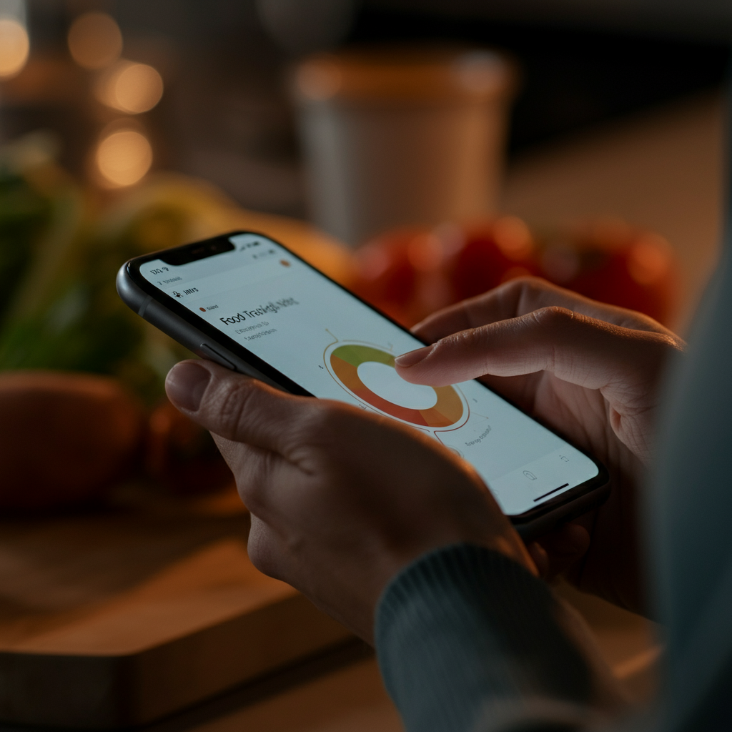 A close-up shot of a hand using a food tracking app on a smartphone, bathed in soft, warm light, with a blurred background showing a kitchen counter with fresh produce. Focus on the texture of the phone screen and the hand.