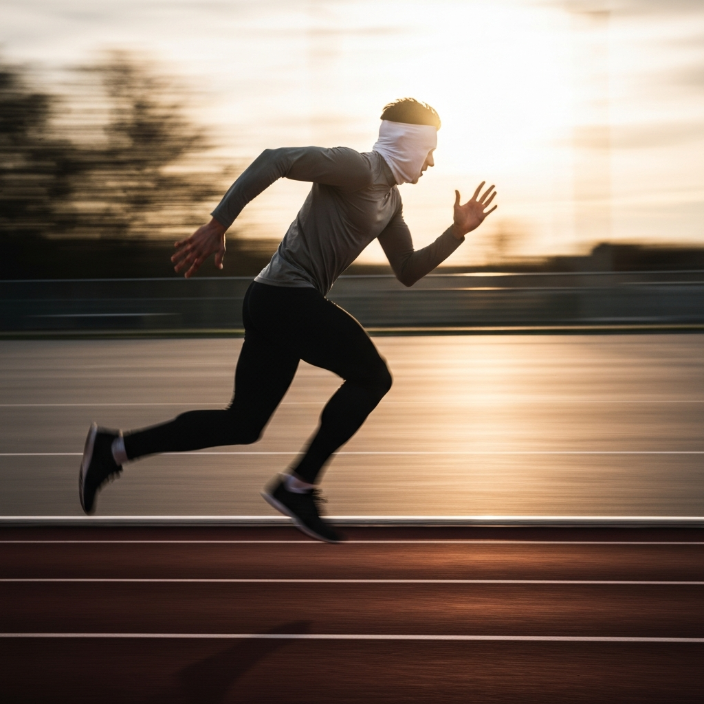 A side-lit image of a person sprinting on a track, with a blurred background suggesting motion. The person is wearing athletic clothing, and the lighting is bright and slightly overcast.