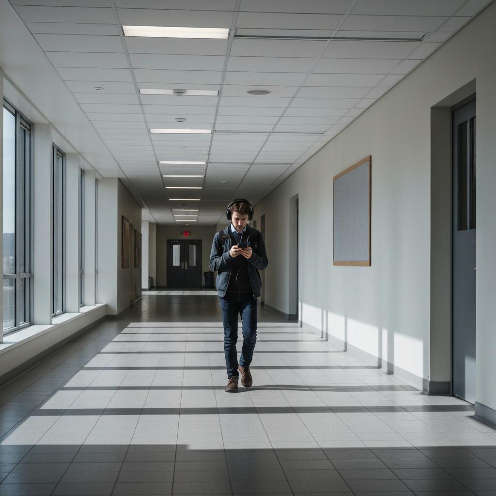 A student walking down a school hallway, wearing headphones and looking down at their phone. The hallway is brightly lit with fluorescent lights, casting sharp shadows. The texture of the student's clothing and the floor tiles are clearly visible.
