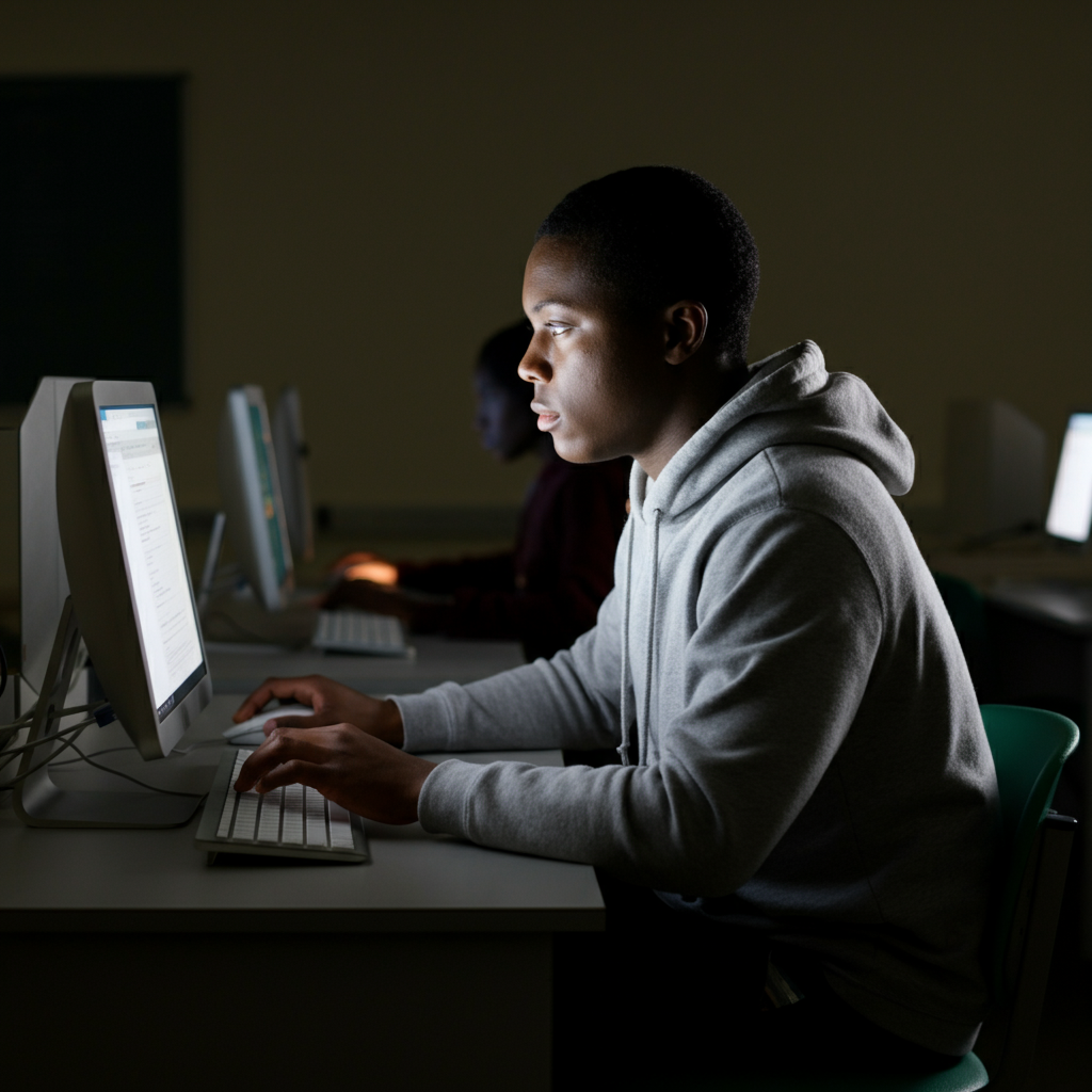 A student working alone at a computer in a dimly lit computer lab. The monitor glows, illuminating their face. The keyboards and computer cases are detailed, with a soft bokeh effect on the background computers.