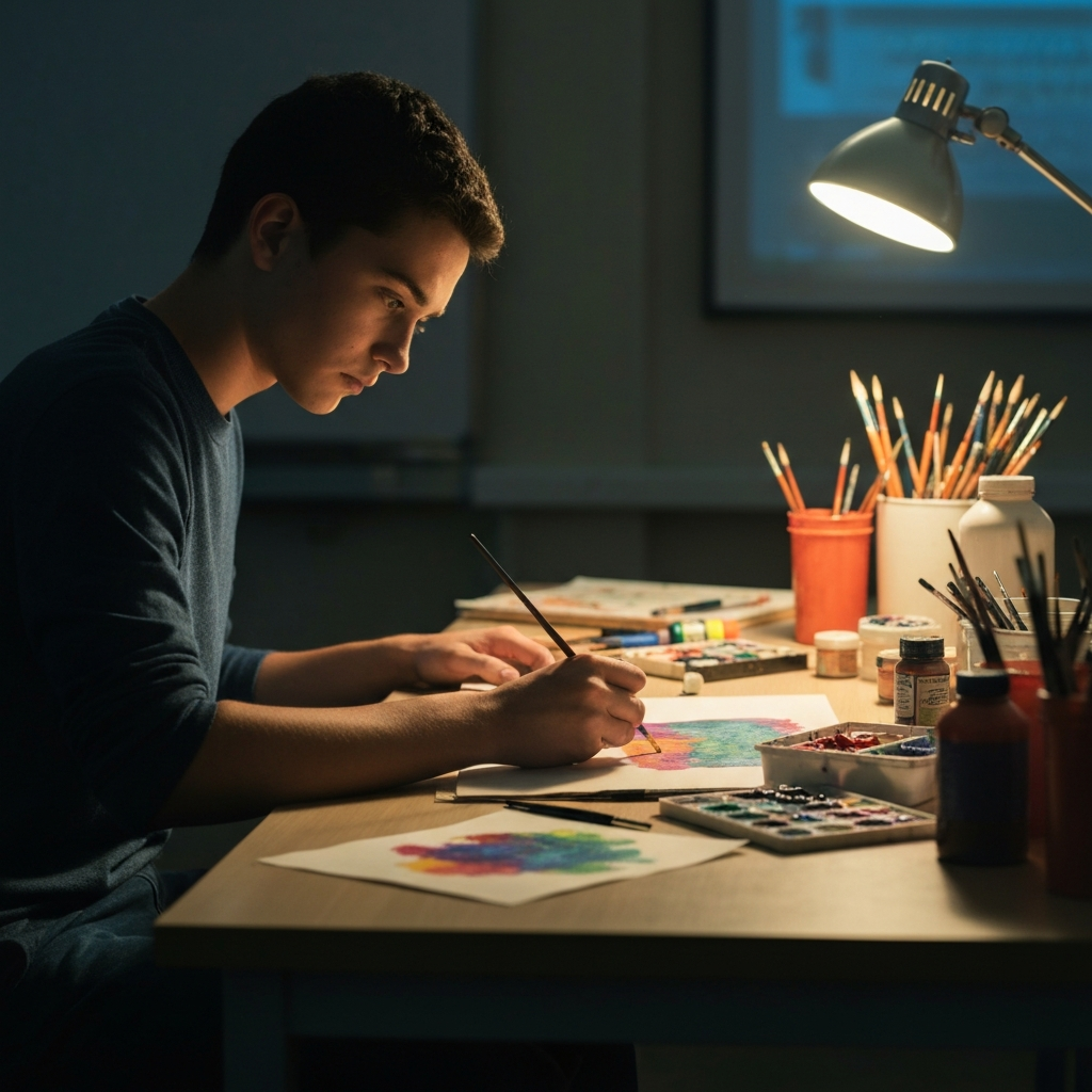 A student sitting at a desk covered in art supplies, engrossed in painting a canvas. The desk is side-lit, highlighting the vibrant colors of the paints and the texture of the canvas. The student's focused expression is visible.