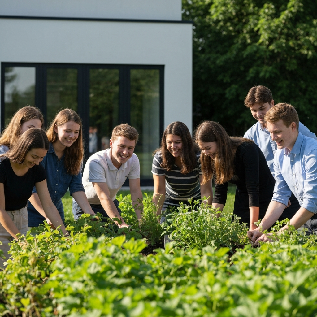 A group of students working together on a community garden project. The scene is bathed in natural sunlight, with lush greenery surrounding them. The students are fully clothed and smiling.