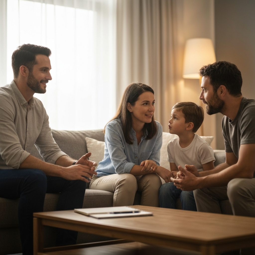 A warmly lit living room. A family of four is seated on a comfortable sofa, engaged in conversation. Soft bokeh in the background, focusing on the genuine expressions on their faces. A coffee table in front with a notepad and pens visible.